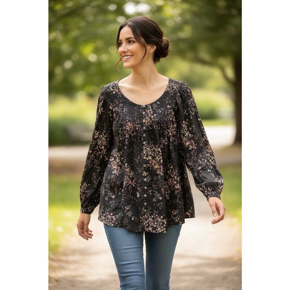 Terra Sky Women's Tunic Long Sleeves Size 1X Floral Print Button LIghtweight